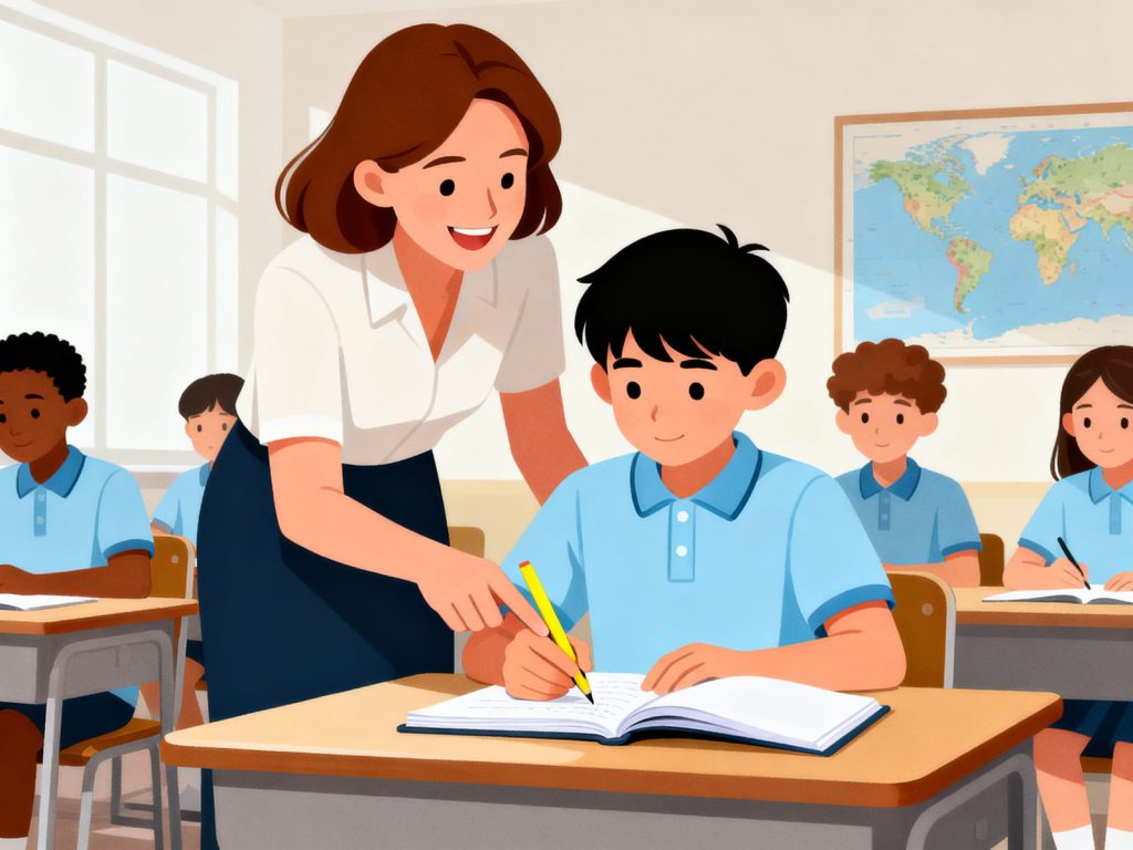 A teacher supporting a student with their schoolwork in a classroom setting, representing the Gemini Trailblazers professional development programme.