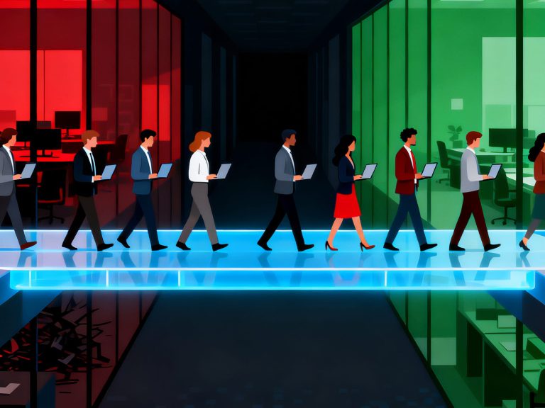 Professionals in business attire walking across a glowing blue bridge. They are all carrying open laptops and moving between two office environments, one tinted deep red and the other bright green