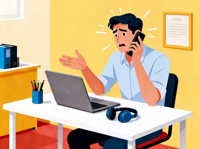 A stressed man sitting at a desk, looking frustrated while talking on his phone and gesturing toward an open laptop