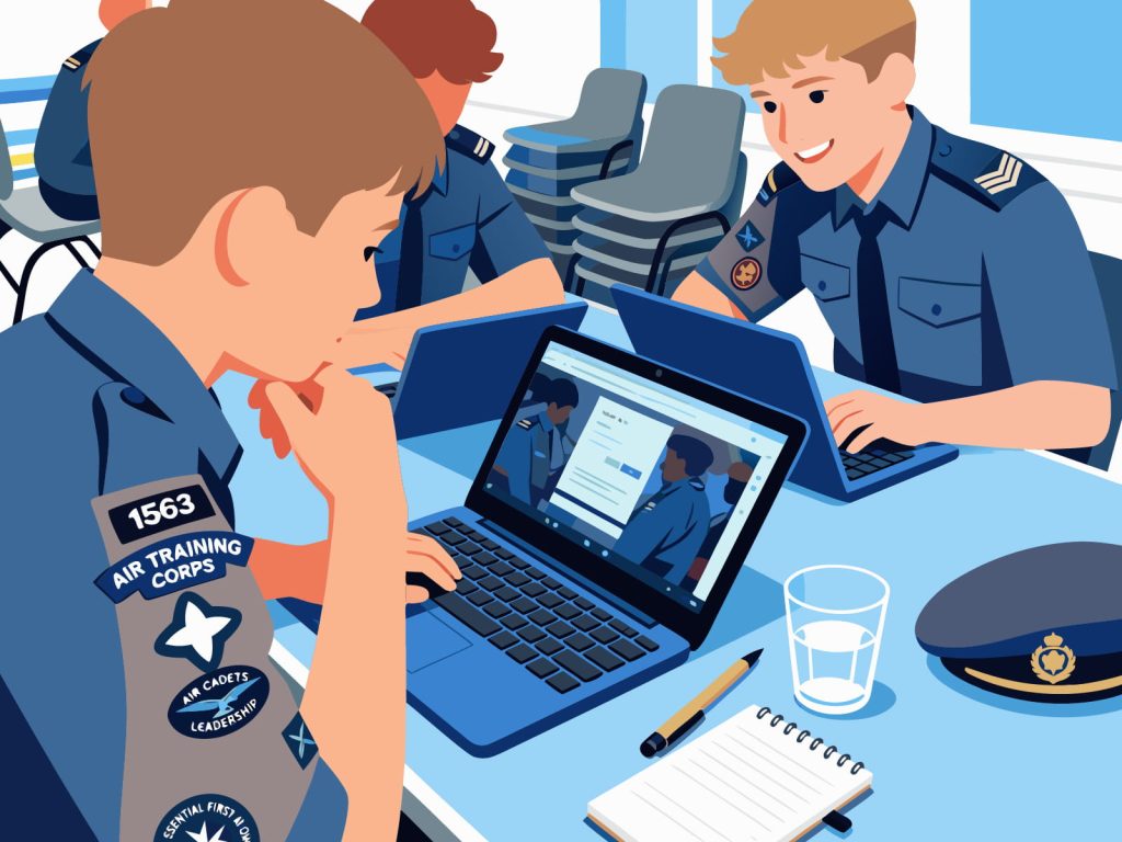 Royal Air Force cadets in uniform using Chromebooks for digital learning and leadership training as part of the RAF Air Cadets coursework.
